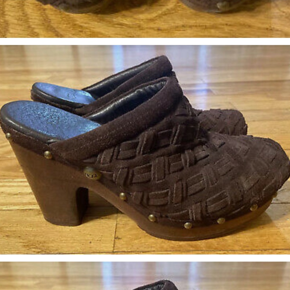 Ugg Womens Brown Woven Leather Clogs Stud Sheepskin Lined Wooden Heel